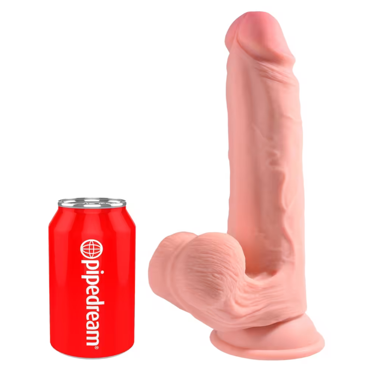 Rosa Dildo neben einer roten Dose mit dem 'pipedream'-Logo.