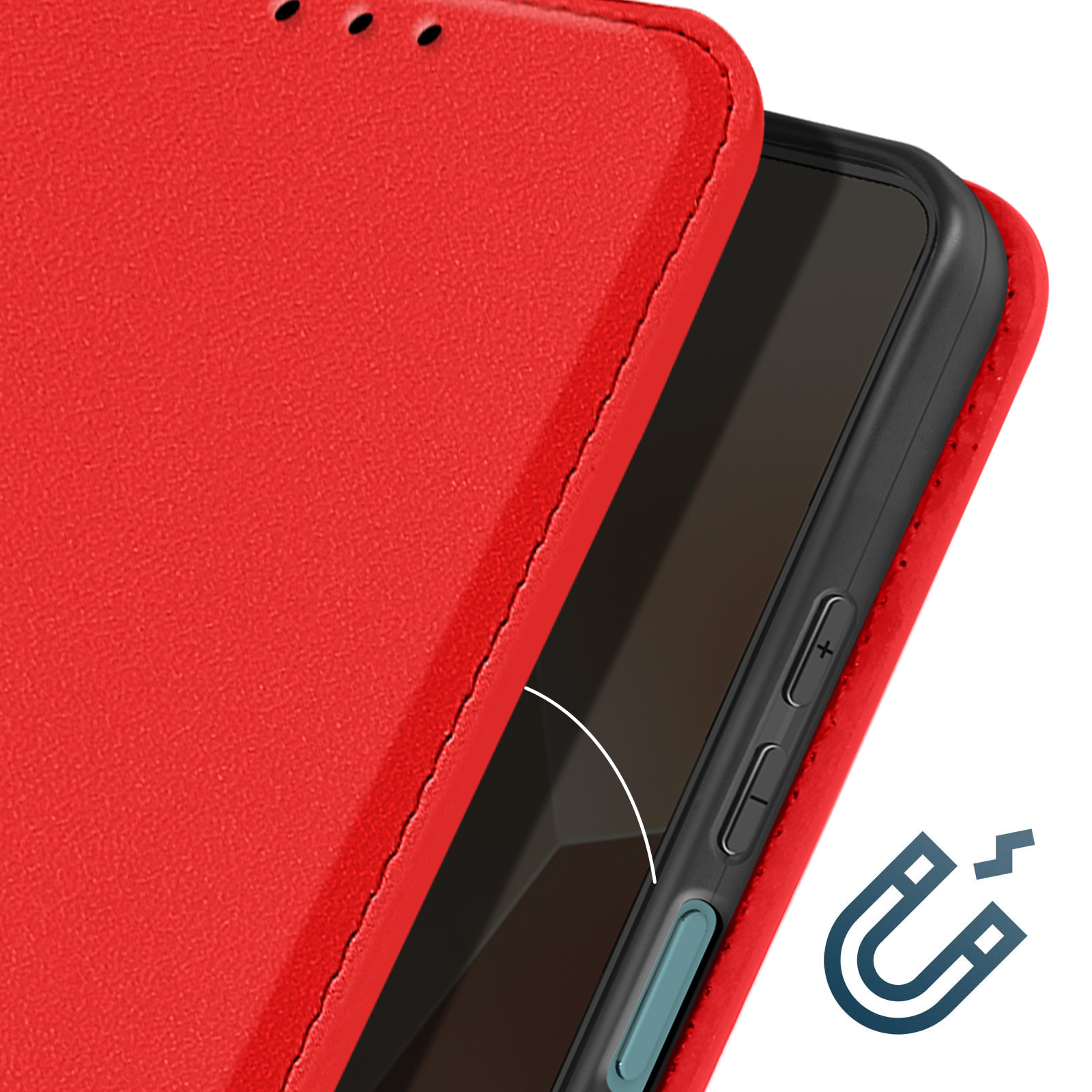 Rote Handyhülle halb geöffnet, zeigt schwarzes Telefon. Magnet-Symbol in der Ecke.
