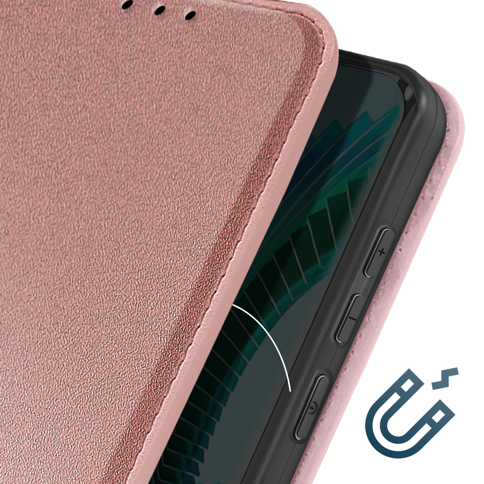Rosafarbenes Handy-Case mit Magnetverschluss. Telefonbildschirm sichtbar. Weißer Hintergrund.