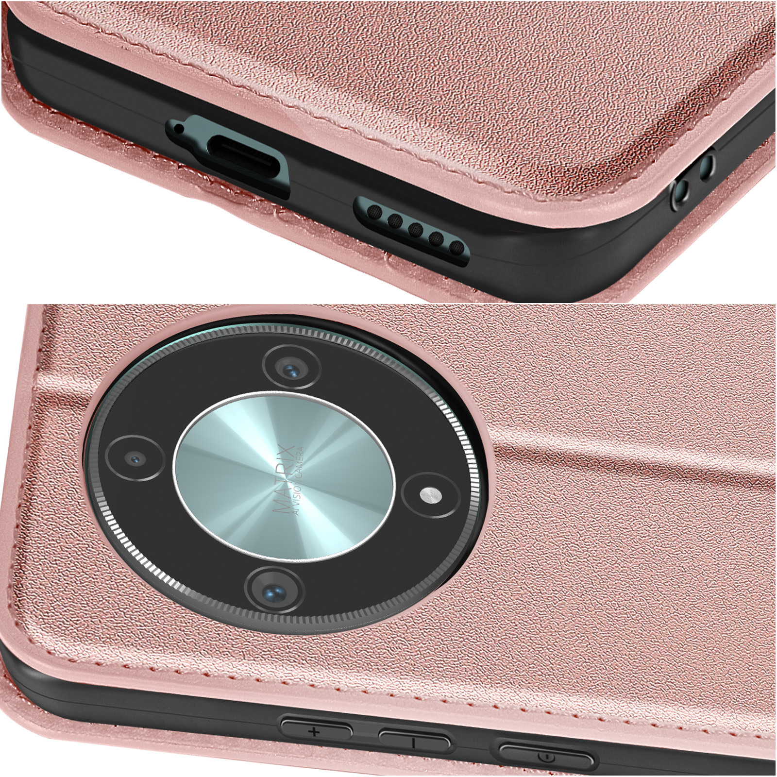 Nahaufnahme einer Handyhülle mit Kamera- und Seitentastendetails. Roségold-Farbe.