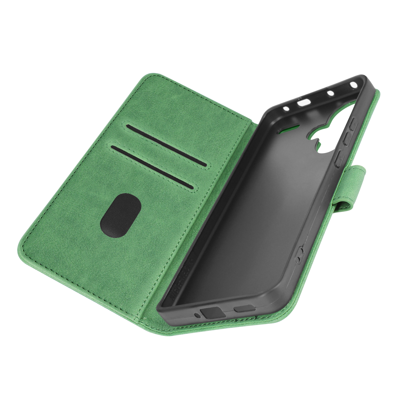 Custodia verde per telefono aperta, che mostra l'interno nero del telefono. Fessure per schede visibili.