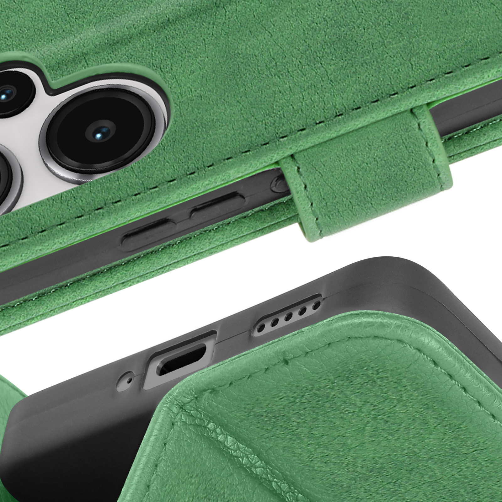 Una custodia verde per telefono con un telefono nero all'interno. La custodia ha un lembo.