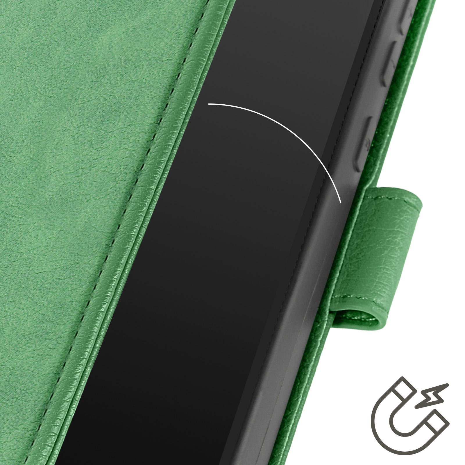 Un primo piano di una custodia verde per telefono, che mostra l'interno e un elemento magnetico.