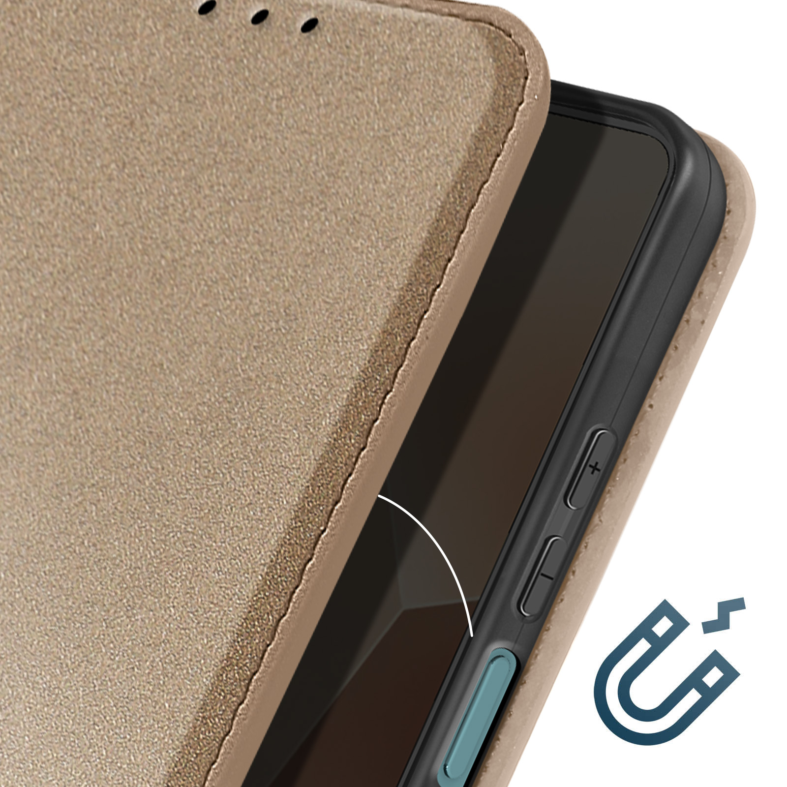 Un telefono è parzialmente all'interno di una custodia beige, che mostra i pulsanti del volume e un simbolo magnetico.