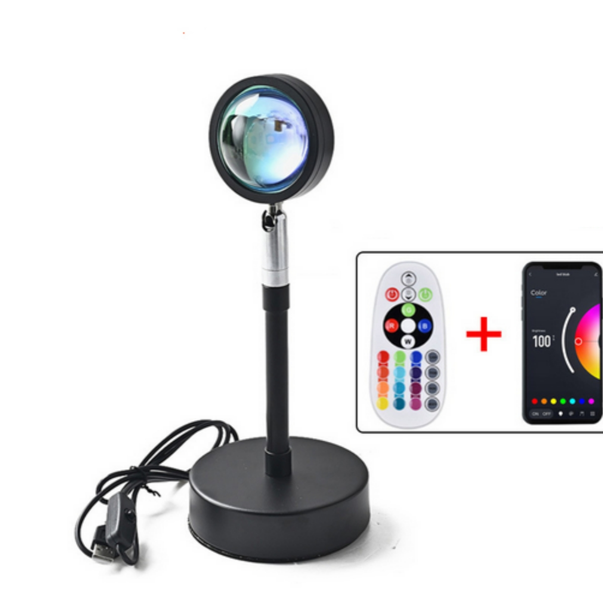 Schwarze Sonnenuntergangslampe. Enthält eine Fernbedienung und einen Telefonbildschirm mit der Farbwechsel-App.