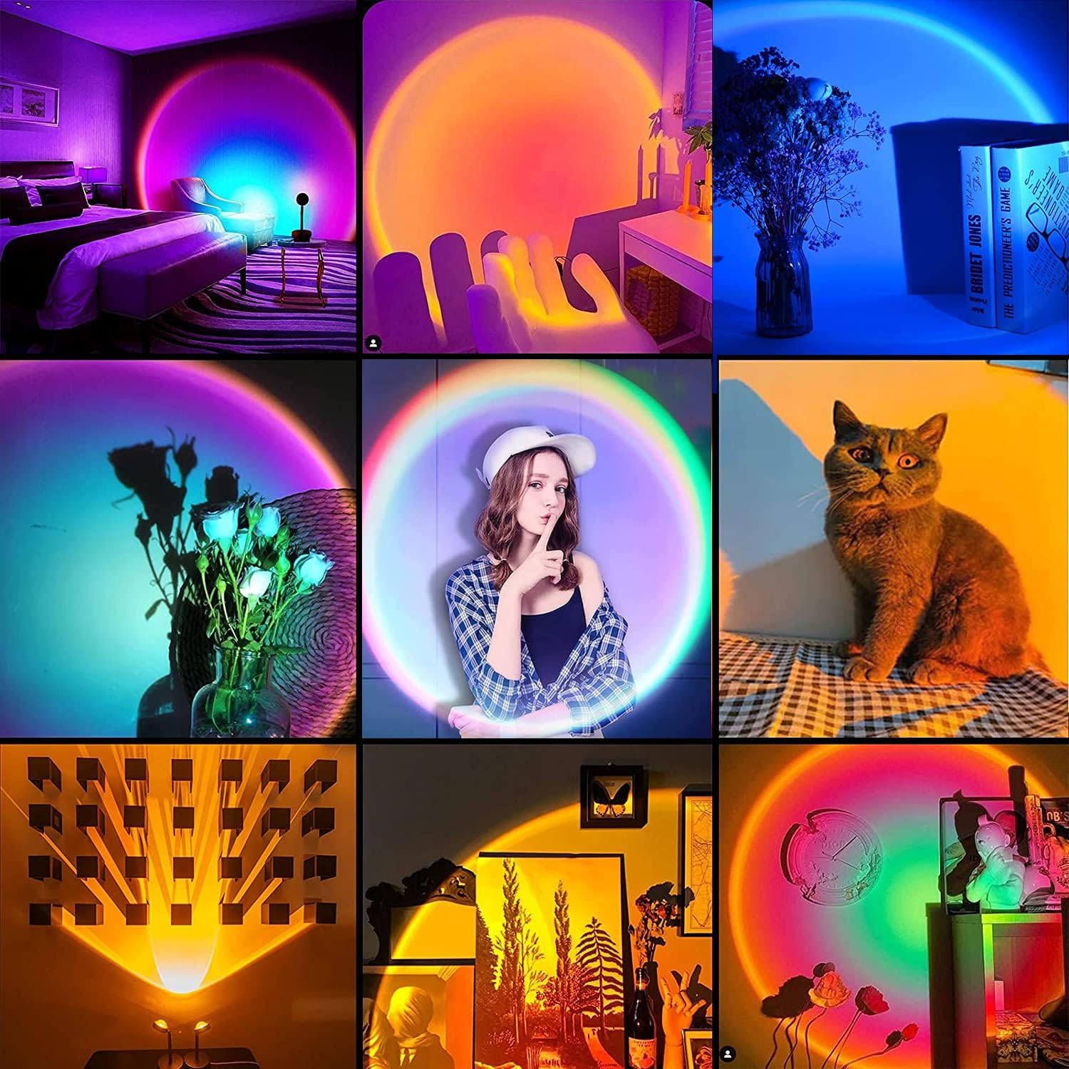 Collage von Räumen, die von Sonnenuntergangslampen beleuchtet werden, verschiedene Farben zeigend.