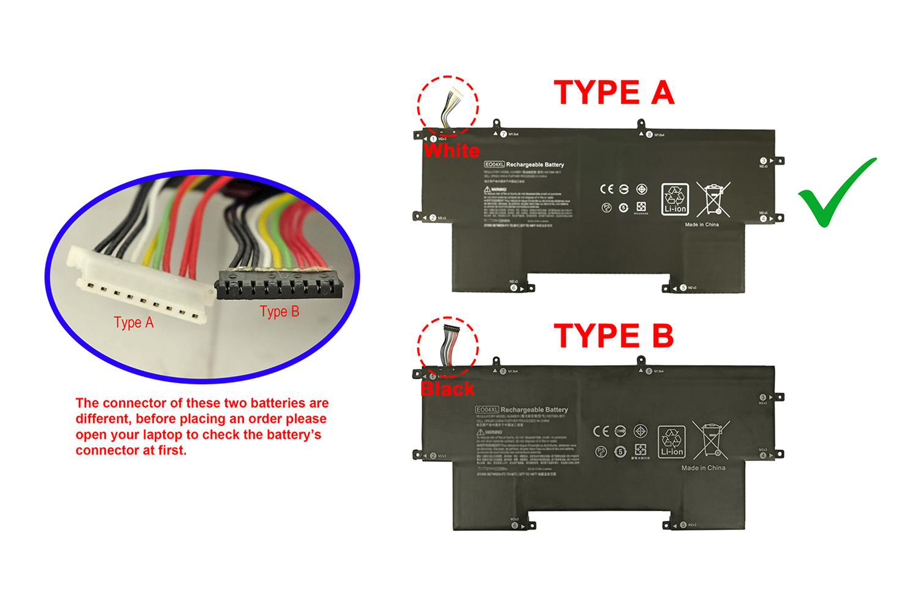 Due batterie per laptop. Una con connettore bianco, l'altra nero. Etichette di testo.