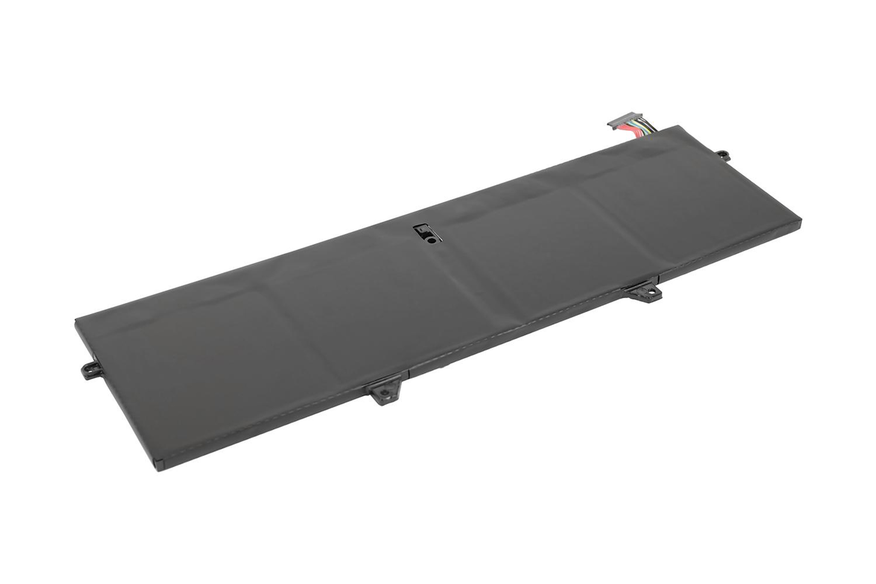 Batteria per laptop nera. La batteria è rettangolare e su sfondo bianco.