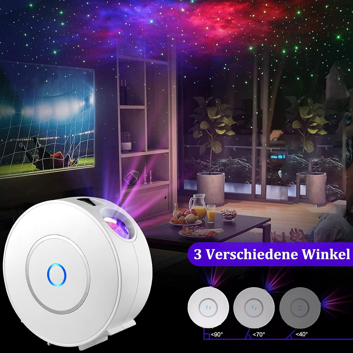 Projektor, der Sterne an der Decke zeigt, mit drei Winkeln, die in einem Diagramm unten gezeigt werden.