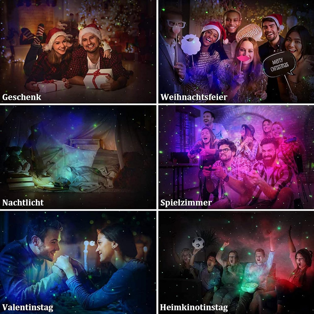 Eine Collage von Bildern, die einen Projektor bei verschiedenen Gelegenheiten zeigen.