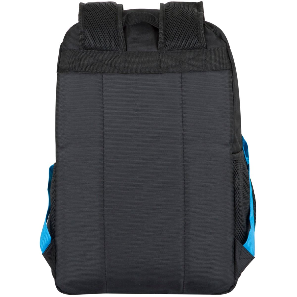 Rucksack, schwarz mit blauen Akzenten, zeigt die Rückseite und Gurte.