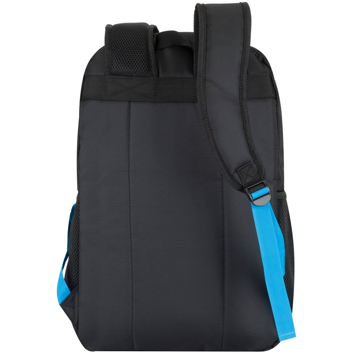 Schwarzer Rucksack mit blauen Trägern. Die Tasche ist von hinten zu sehen, mit Trägern und einem Mesh-Einsatz.