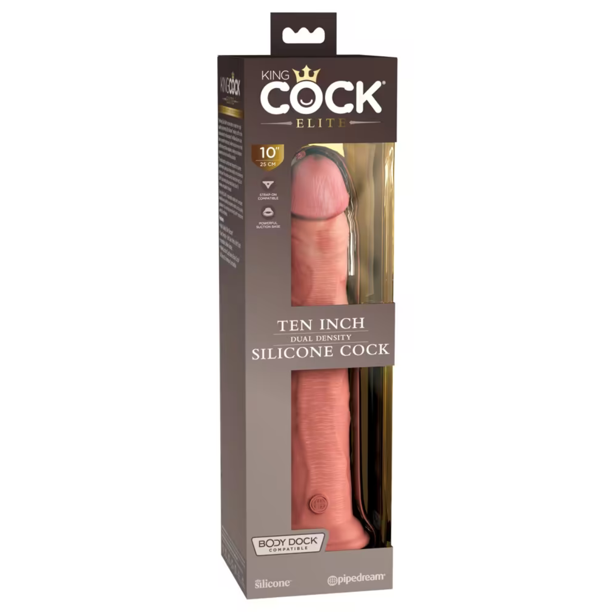 Juguete sexual en caja: un consolador de silicona rosa dentro de una caja King Cock Elite. La caja tiene texto y un logo de corona.