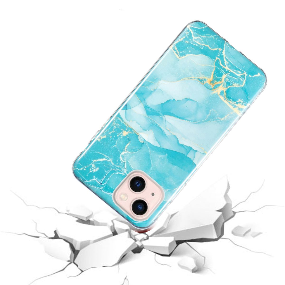 Telefonhülle fällt. Die Hülle hat ein blaues Marmordesign. Sie fällt auf zerbrochene weiße Blöcke.