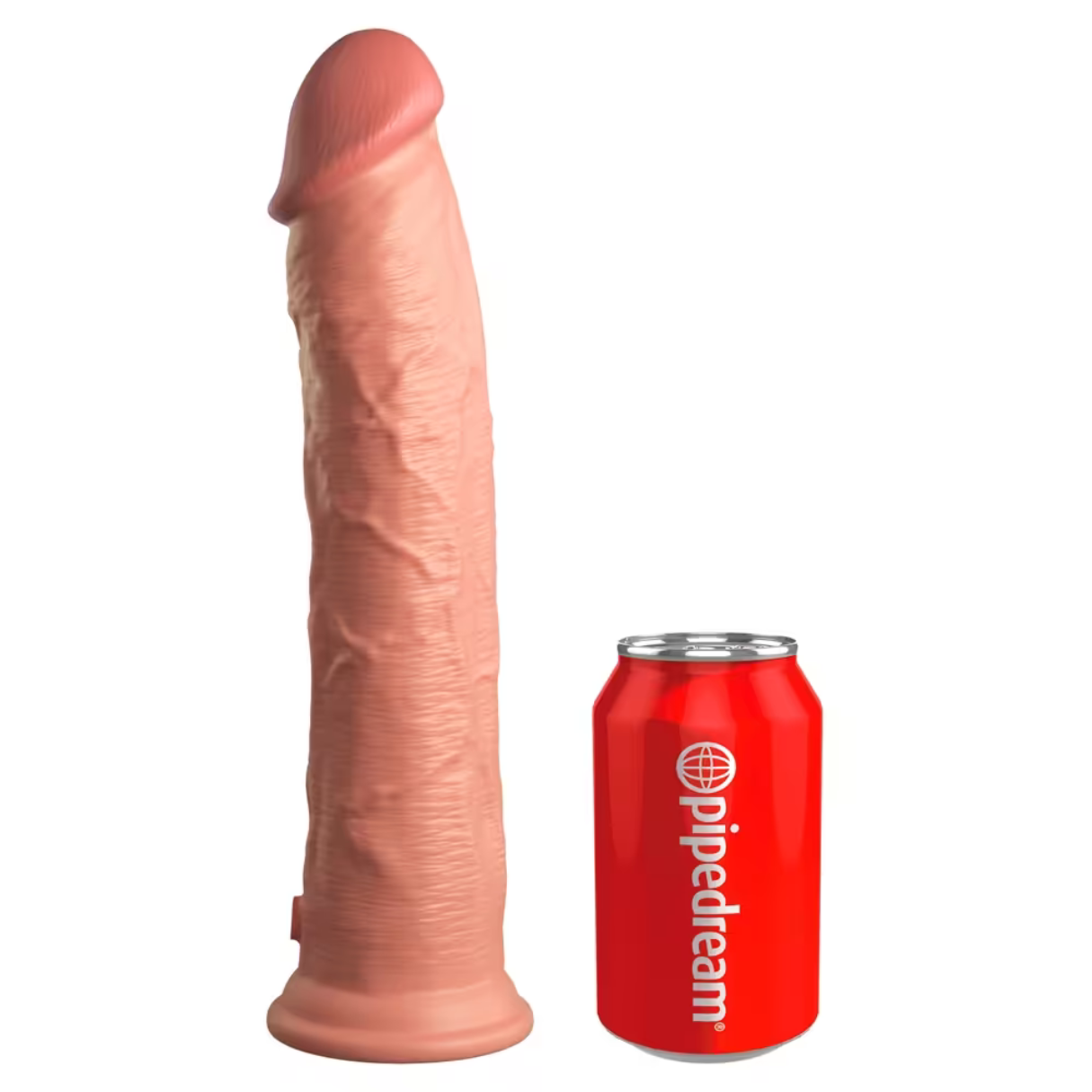 Ein großes, fleischfarbenes Sexspielzeug steht neben einer roten Dose. Die Dose hat das PipeDream-Logo.