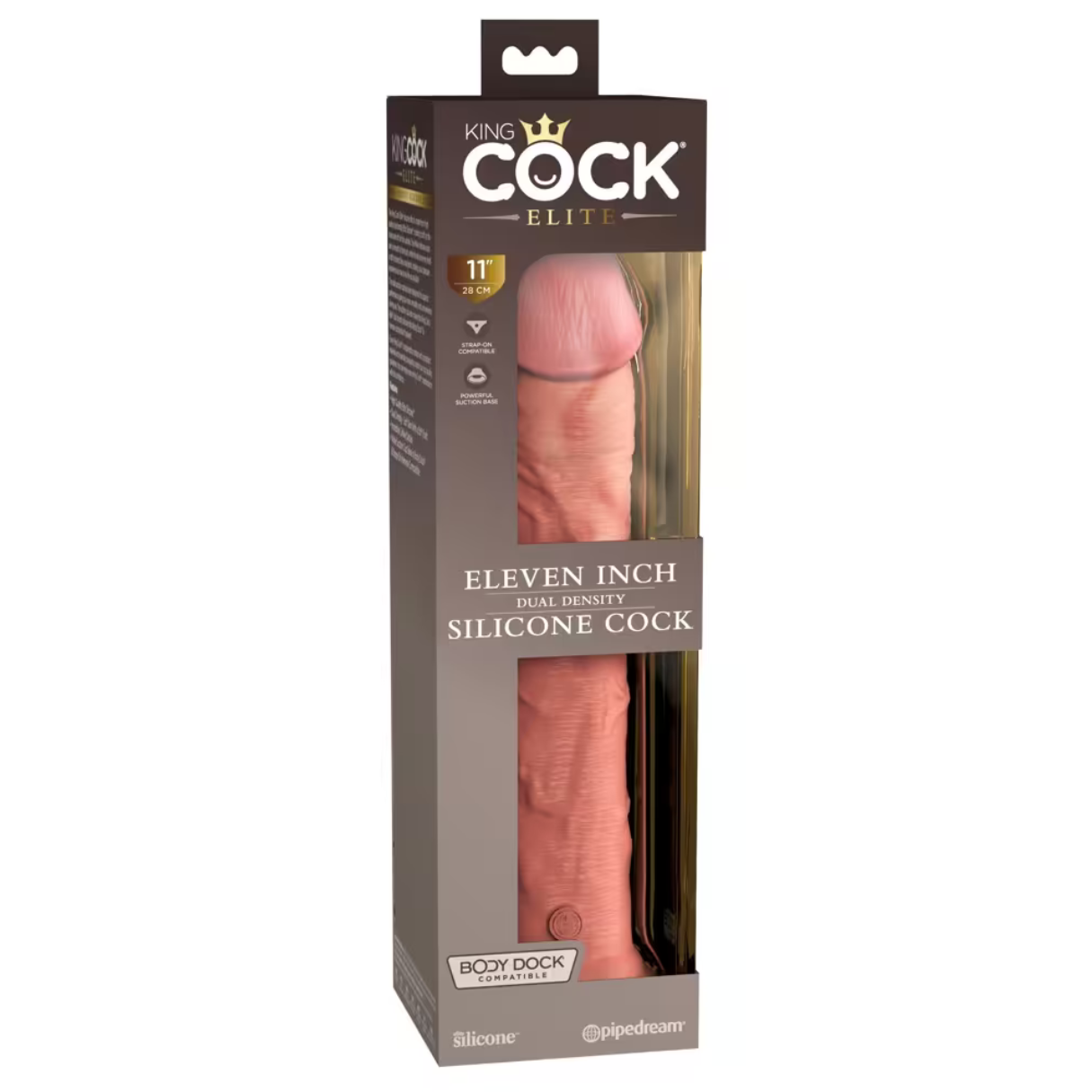 Eine Box mit einem rosa Dildo. Auf der Box steht: 'King Cock', 'Eleven Inch' und 'Silicone Cock'. Das Produkt ist von pipedream.