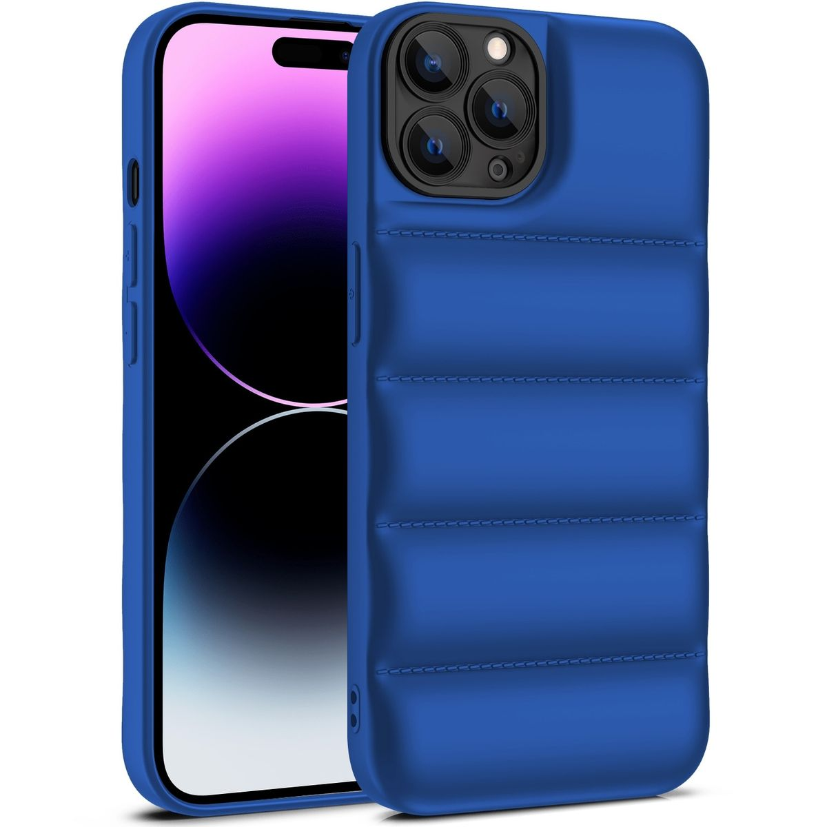 Blaue Handyhülle mit Kameraausbuchtung, Steppdesign.