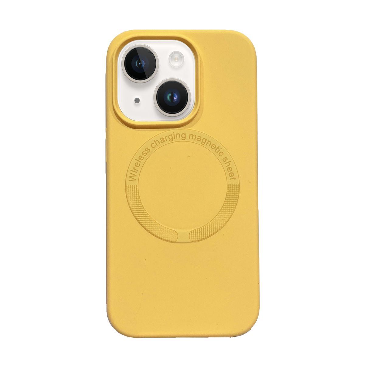 Eine gelbe iPhone-Hülle mit einem kabellosen Ladekreis. Die Hülle befindet sich auf einem weißen Hintergrund.