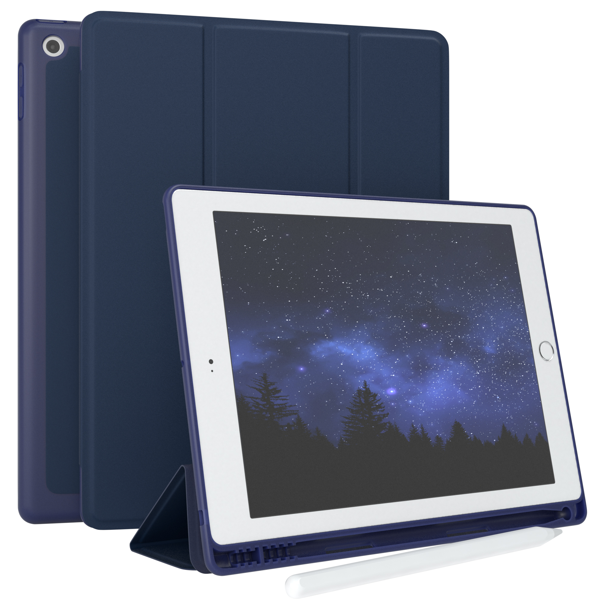 Ein Tablet, eine Hülle und ein Stift. Das Tablet zeigt einen Sternenhimmel auf dem Bildschirm.