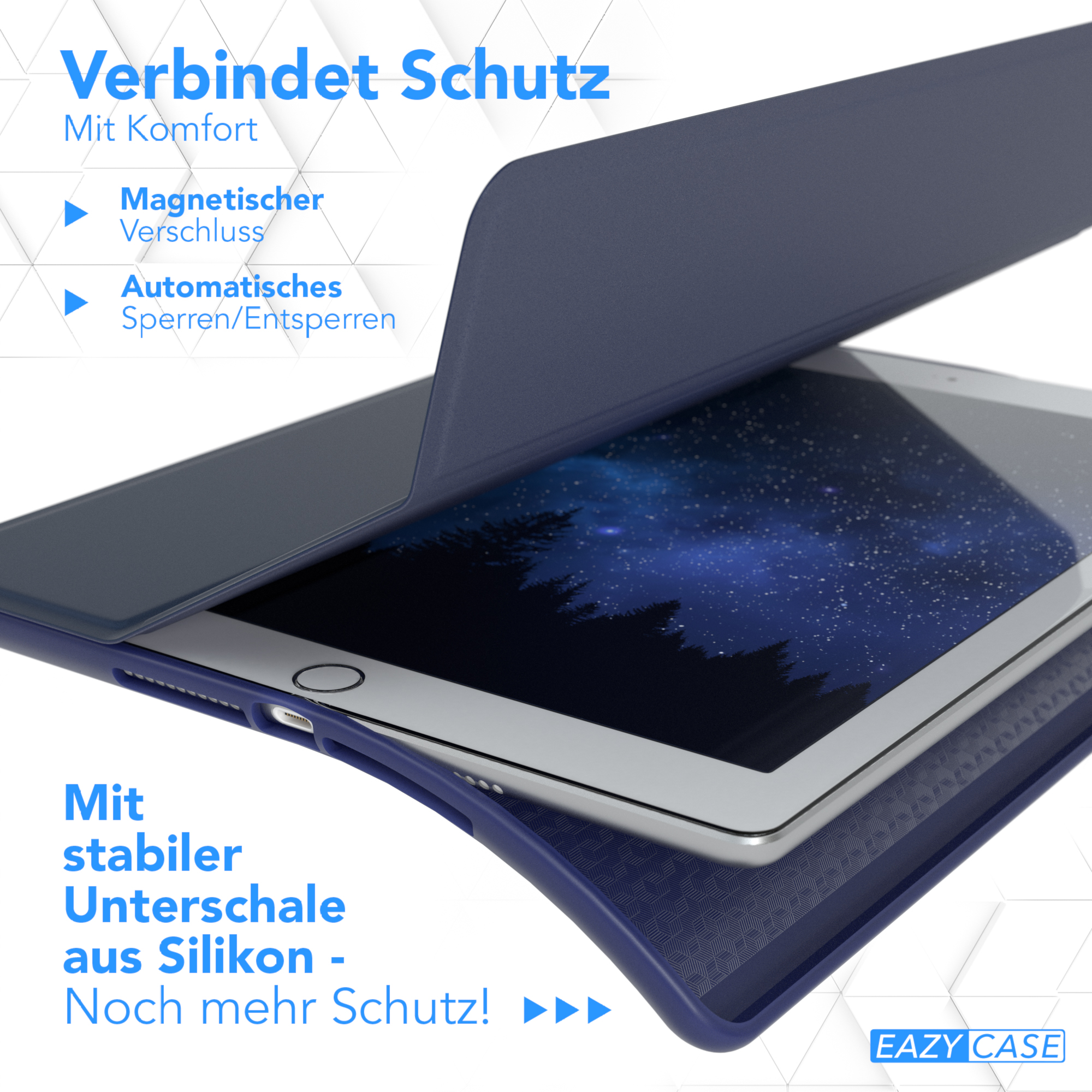Tablet in blauem Case mit Text: EAZY CASE, und deutschem Text über Schutz.