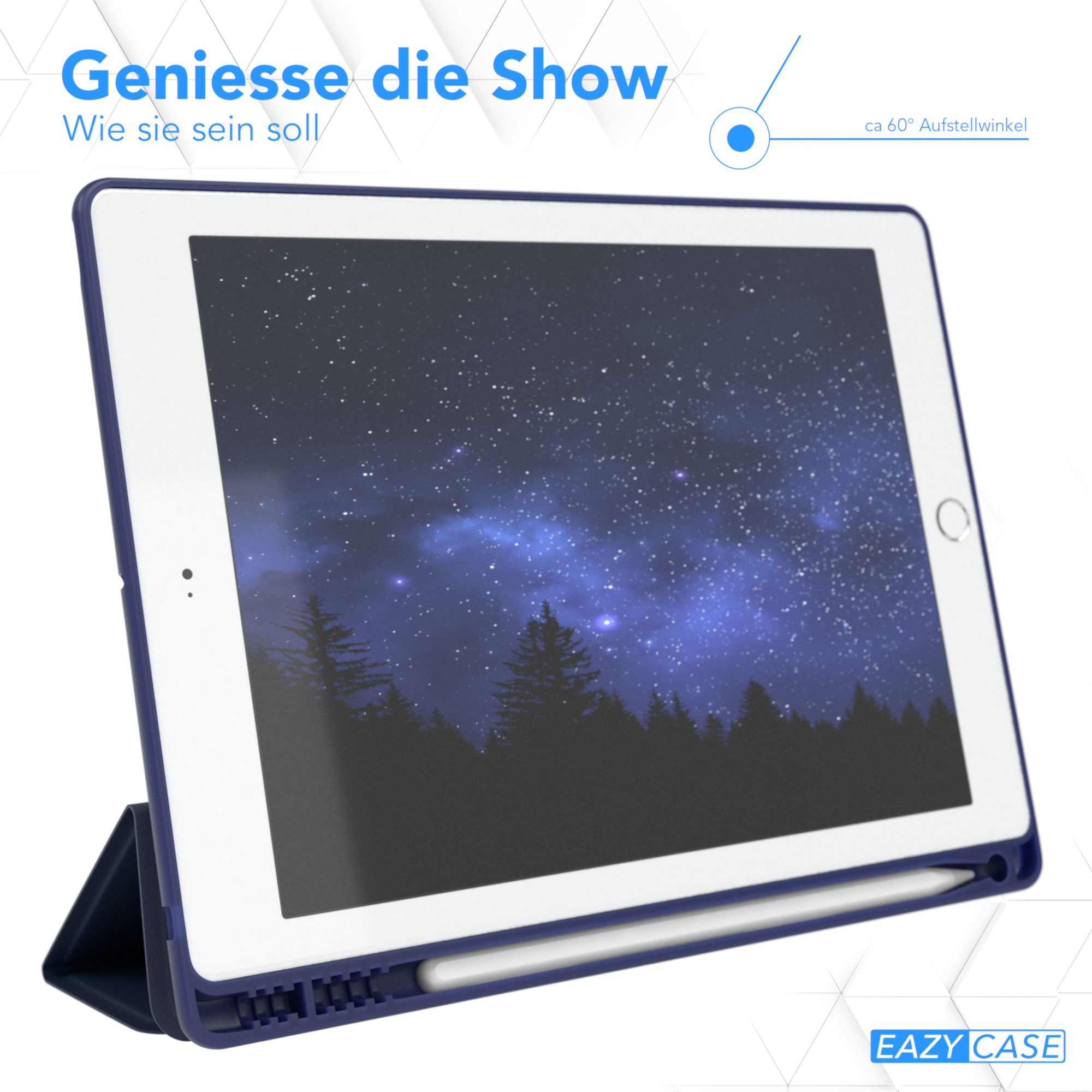 Tablet in blauem Case mit Stift, Sternennacht-Szene zeigend.