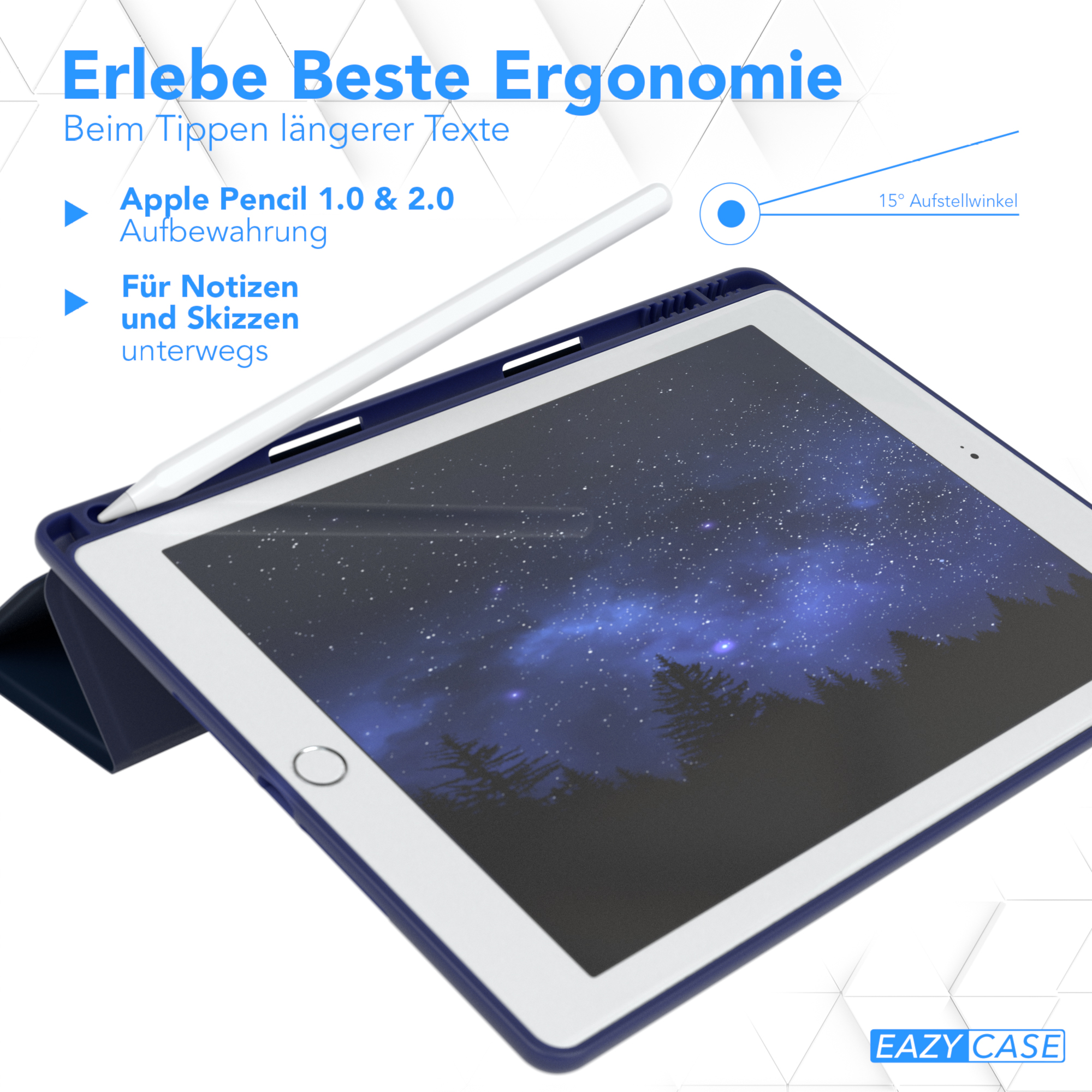 Tablet mit Stift und Hülle, mit Text über Ergonomie und Stiftaufbewahrung.