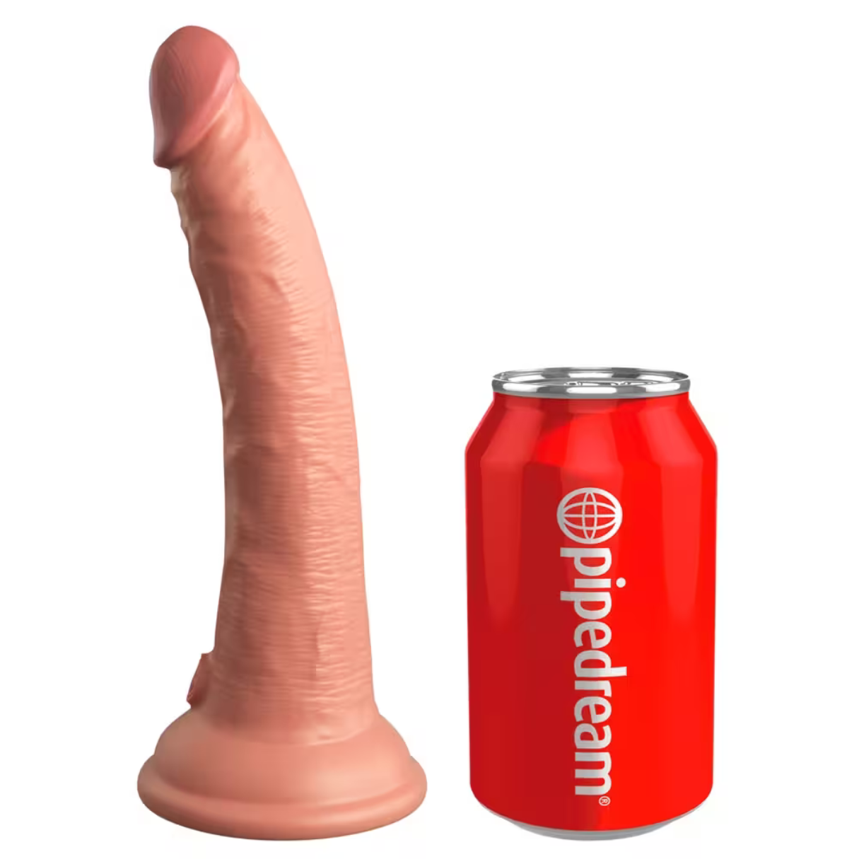 Ein großer, rosafarbener Dildo steht neben einer roten 'pipedream'-Dose.