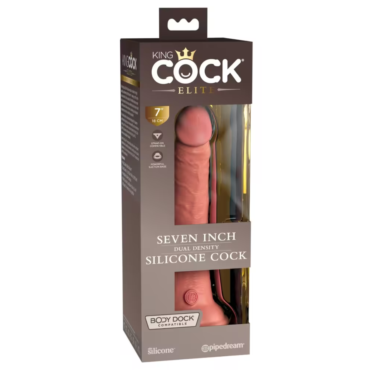 Eine Schachtel mit einem Silikon-Dildo, der in einer transparenten Plastikvitrine ausgestellt ist, mit der Aufschrift 'King Cock Elite'.