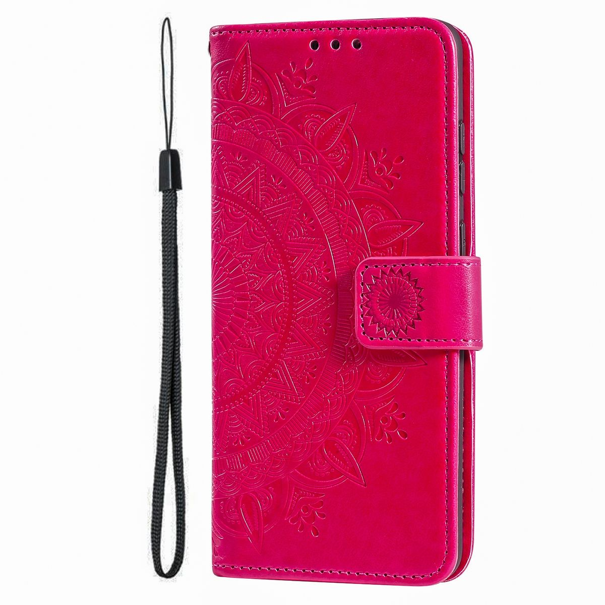Rosa Handyhülle mit Mandala-Design und Riemen. Geschlossen auf weißem Hintergrund.