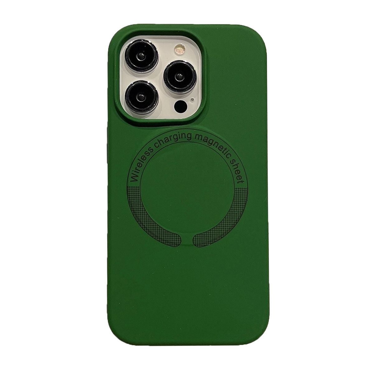 Eine grüne Handyhülle mit Wireless-Charging- und Magnetfolien-Design, isoliert auf Weiß.