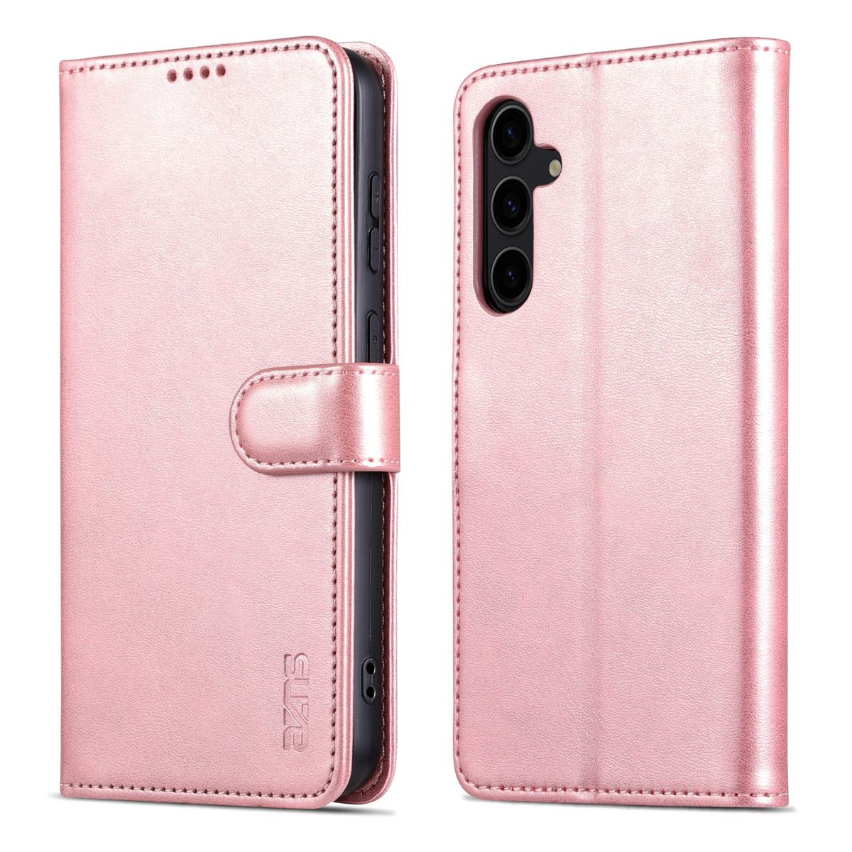 Eine rosa Handyhülle. Geöffnet zeigt sie den Bildschirmbereich des Telefons. Geschlossen zeigt sie die Außenseite der Hülle.