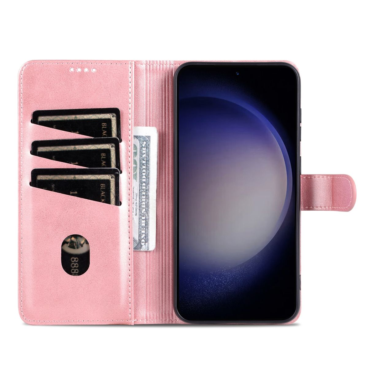 Pinke Handyhülle, offen, mit Kreditkarten und Geld. Telefon rechts.