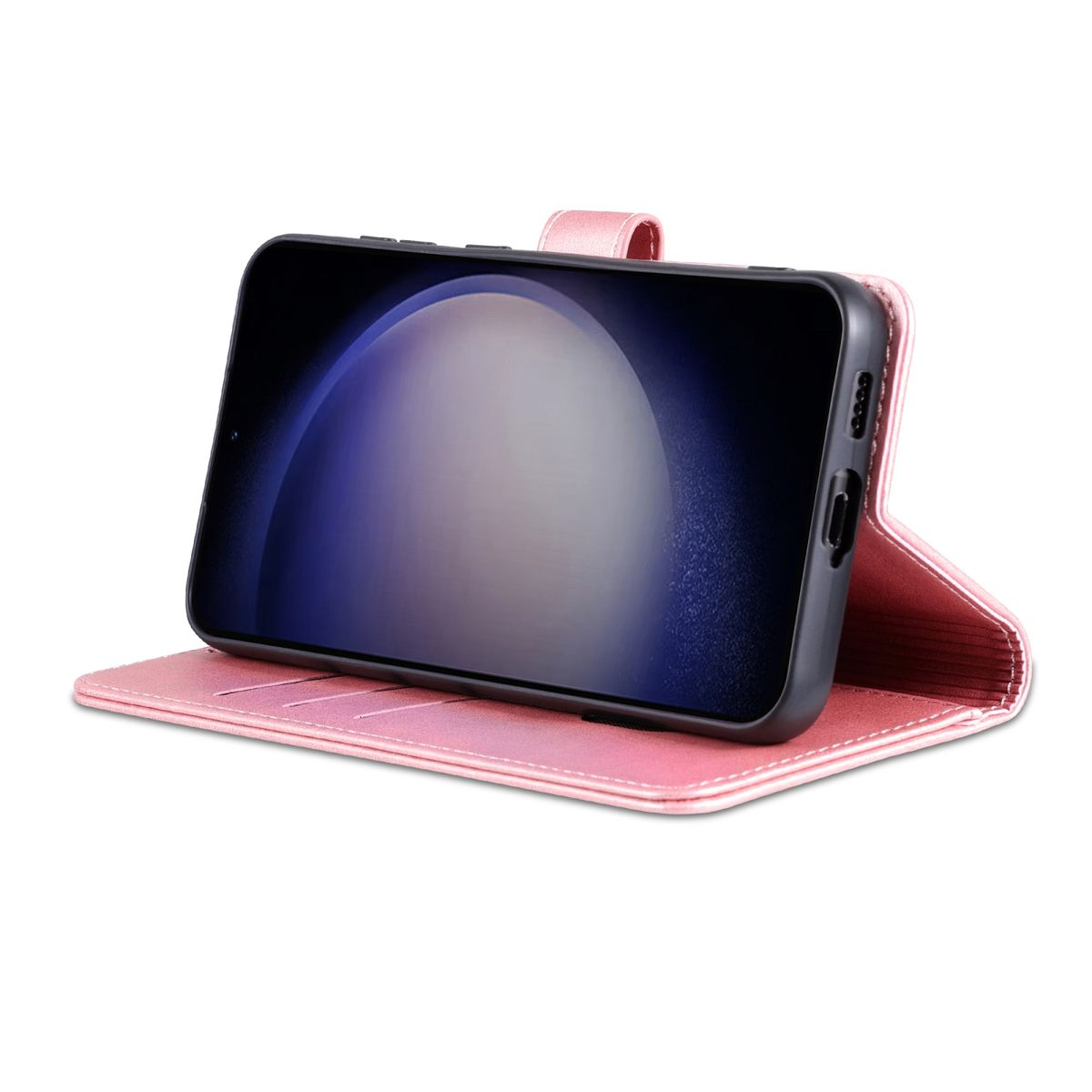 Eine rosa Handyhülle mit einem schwarzen Handy darin. Es ist geöffnet und zeigt den Bildschirm.