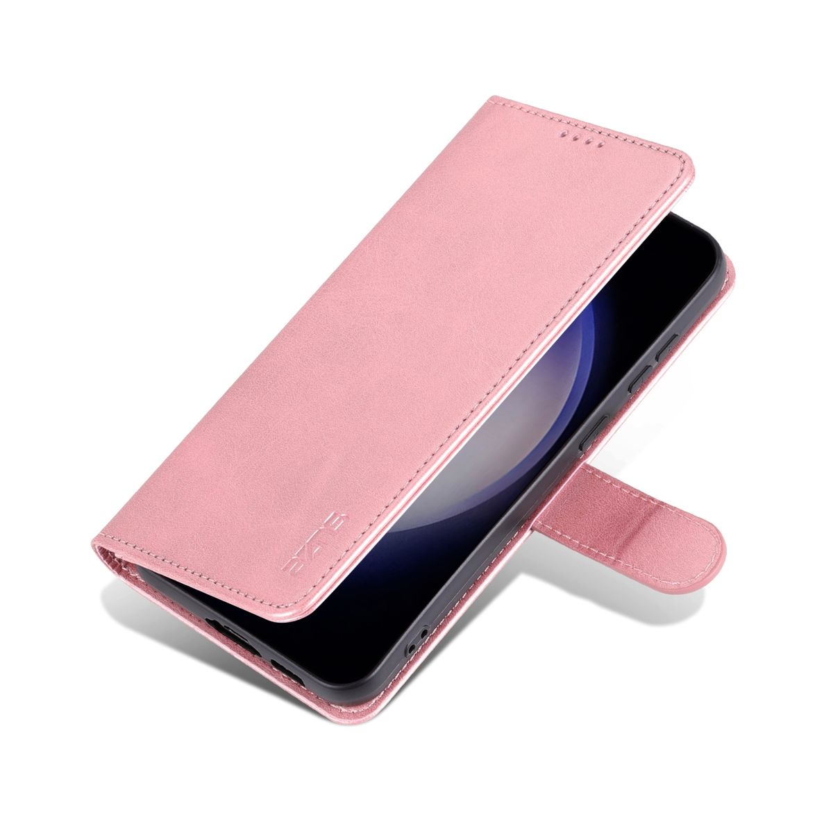 Eine pinke Handyhülle, geöffnet, um einen Telefonbildschirm auf weißem Hintergrund zu zeigen.