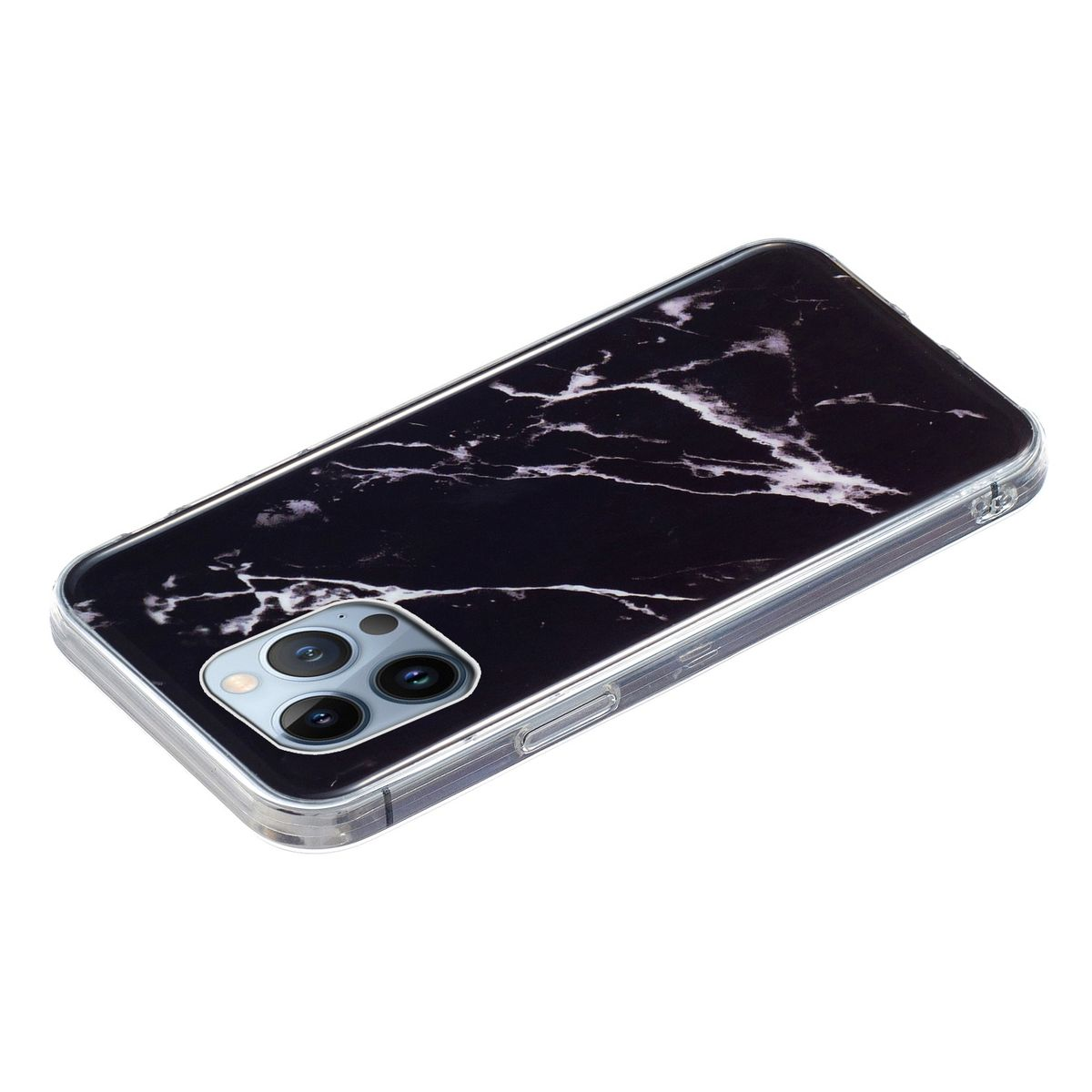 Handyhülle mit schwarzem Marmordesign. Das Telefon ist in der Hülle. Die Rückseite ist sichtbar.