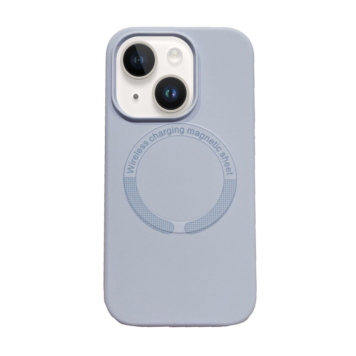 Hellblaue Handyhülle. Wireless Charging und Magnetic Sheet Text auf der Rückseite.