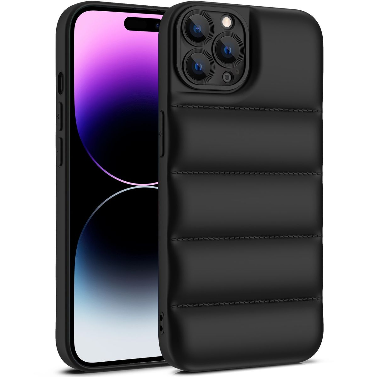 Schwarze, gesteppte Handyhülle mit einem Telefon. Der Bildschirm ist sichtbar.