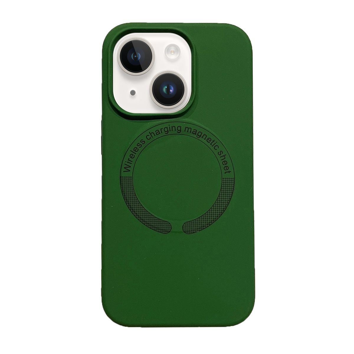 Grüne Handyhülle mit magnetischem Ladekreis. Weißer Hintergrund.