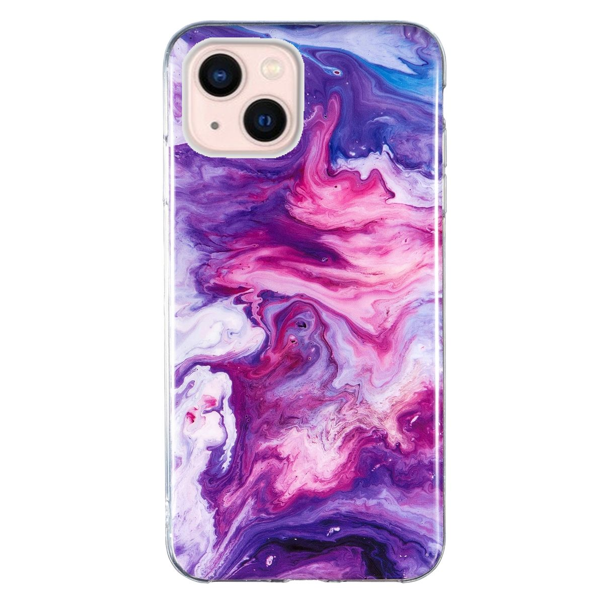 Eine iPhone-Hülle mit einem lila-rosa Design. Die Handyhülle befindet sich auf einem weißen Hintergrund.