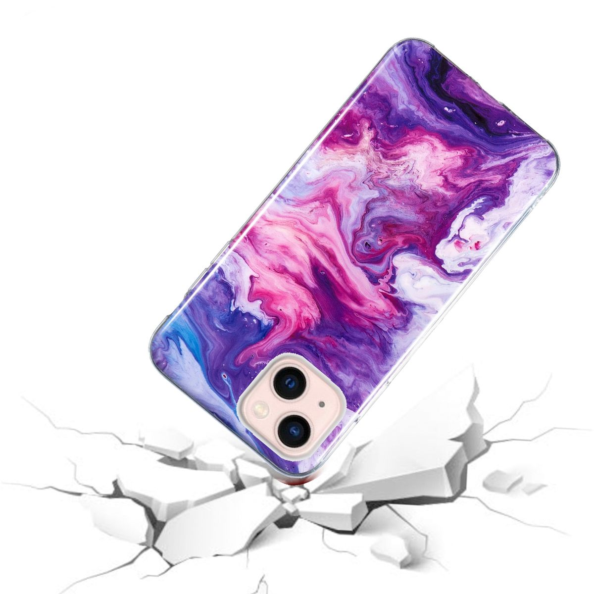 Ein Telefon mit einer bunten Hülle fällt auf eine zerbrochene Oberfläche. Die Hülle hat ein Marmordesign.