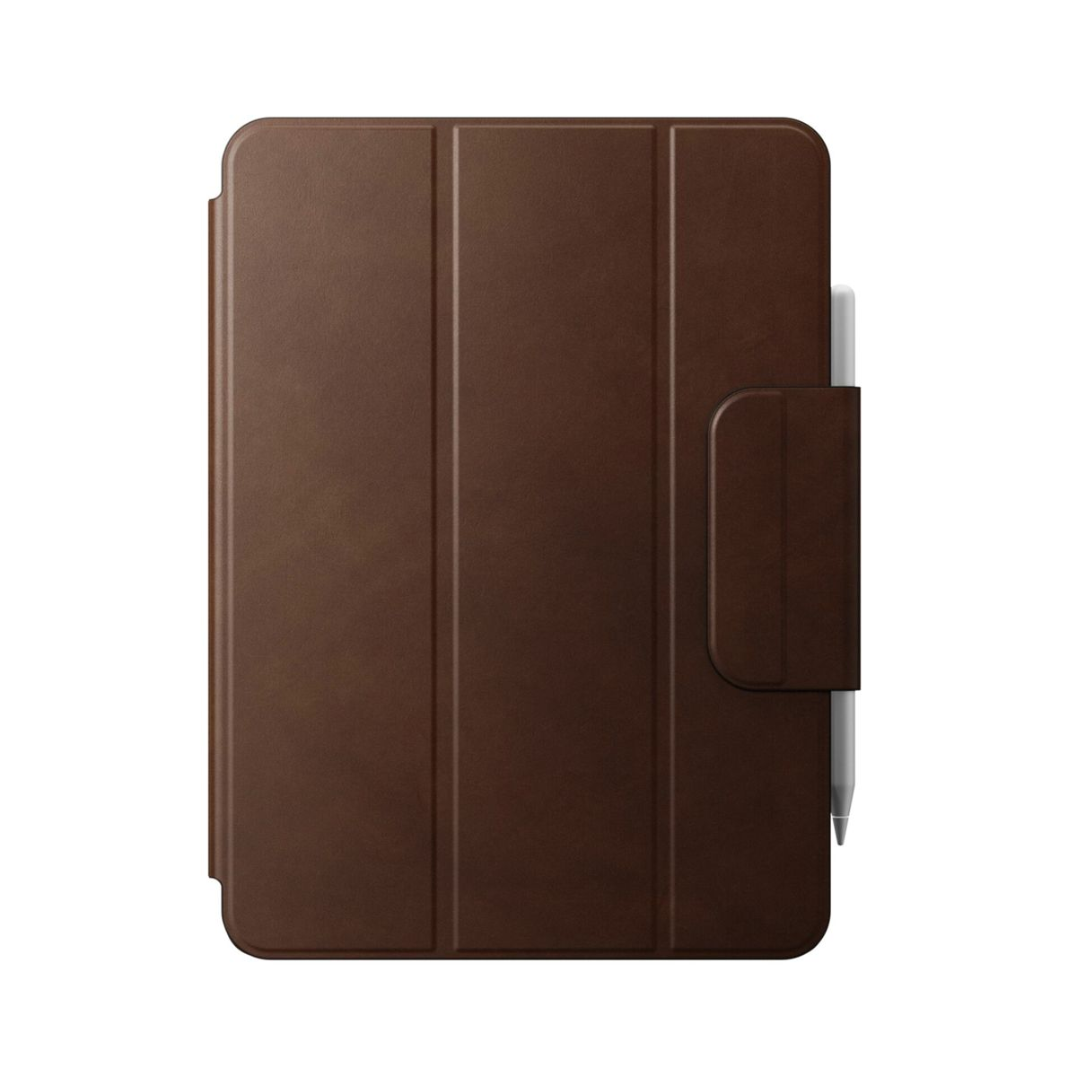 Braune iPad-Hülle mit Stifthalter, geschlossen.