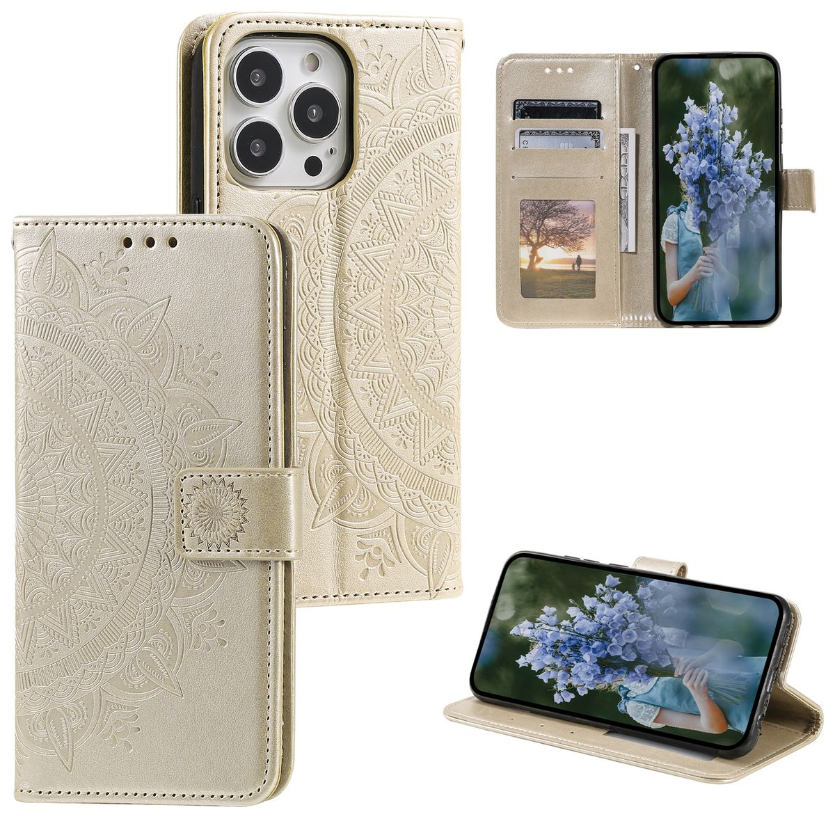 Goldene Handy-Brieftasche, mehrere Ansichten, mit Blumenmuster, zeigt Telefon und Karten.