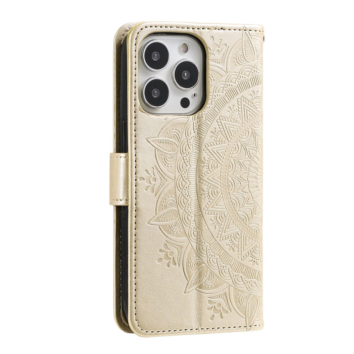 Goldene Handyhülle mit Mandala-Muster und Magnetverschluss, geöffnet, um das Telefon zu zeigen.