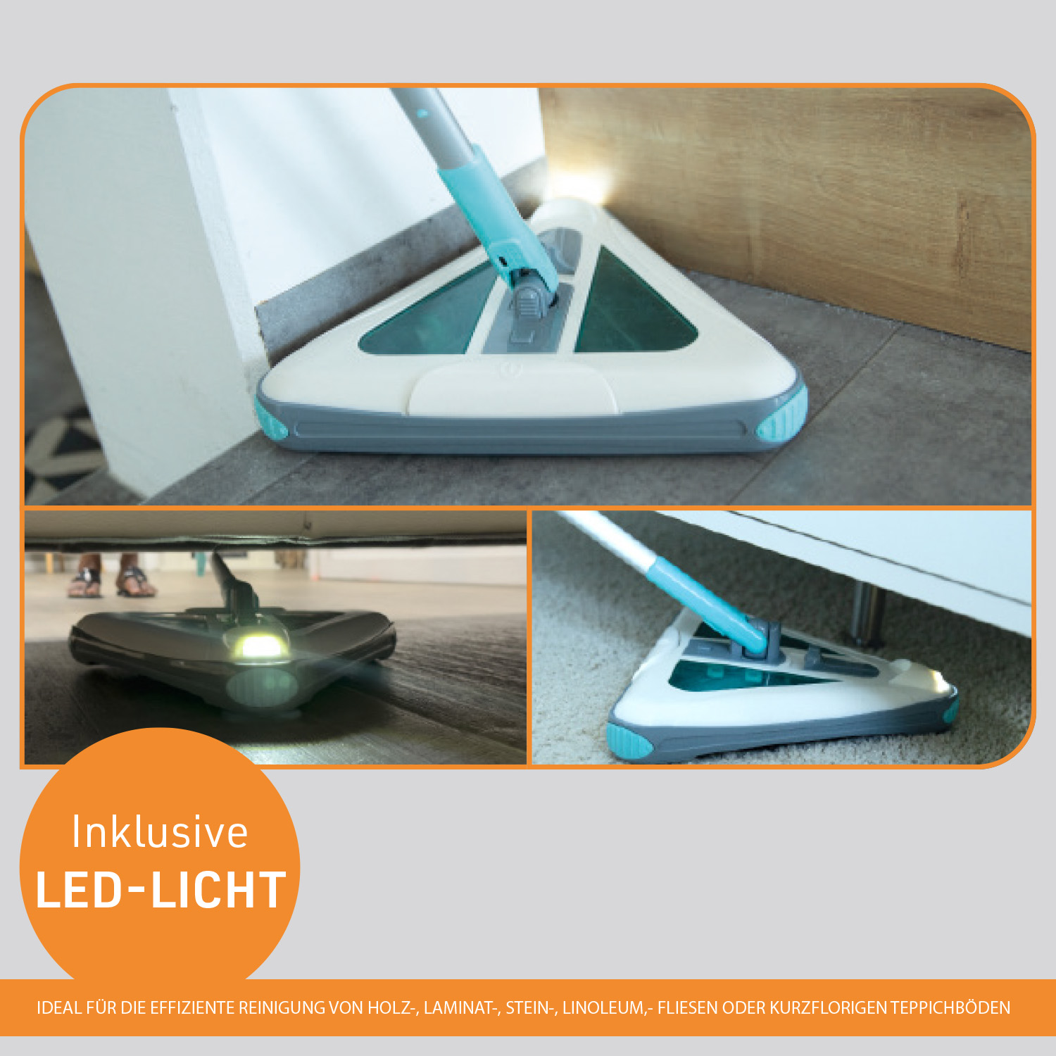 Ein Wischer mit LED-Licht reinigt eine Ecke. Das Bild ist eine Collage mit verschiedenen Ansichten.