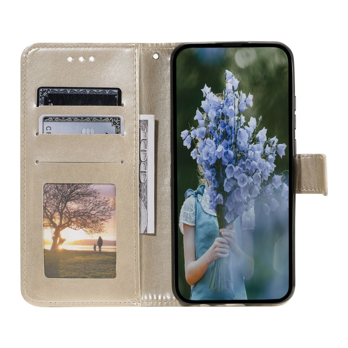 Goldene Handy-Brieftasche mit Bild, Kreditkartenfächern und einem Telefonbildschirm mit Blumen.