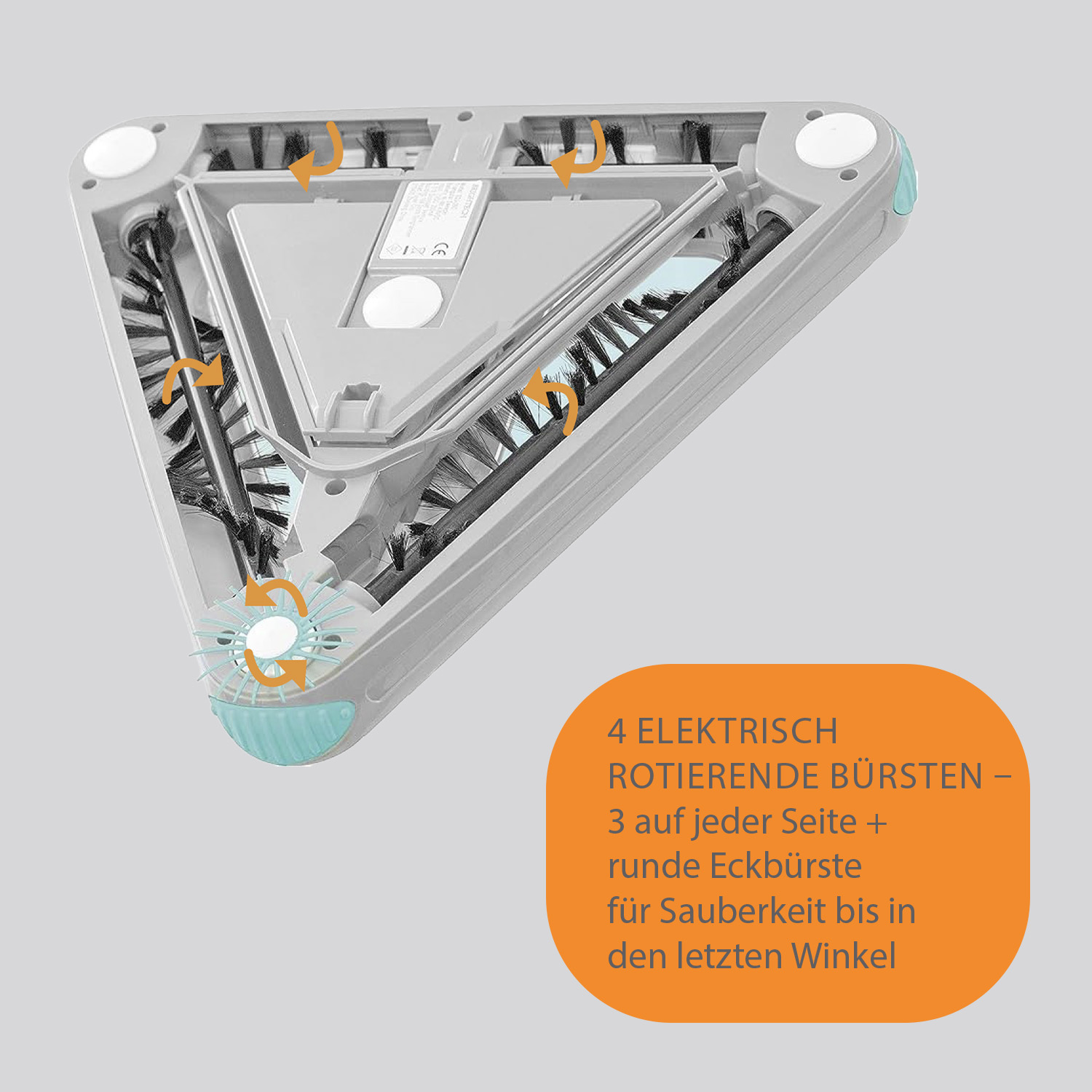 Dreieckiger Roboter-Staubsauger mit rotierenden Bürsten und Text-Overlay.