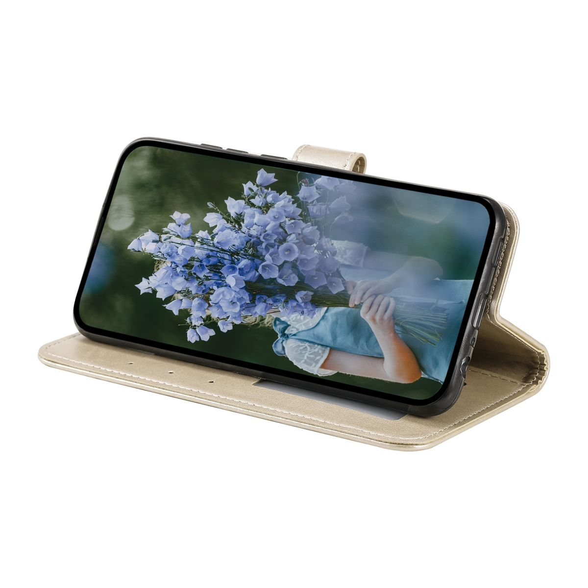 Ein Telefon in einem goldenen Gehäuse zeigt einen Strauß blauer Blumen auf einem Bildschirm vor grünem Hintergrund.