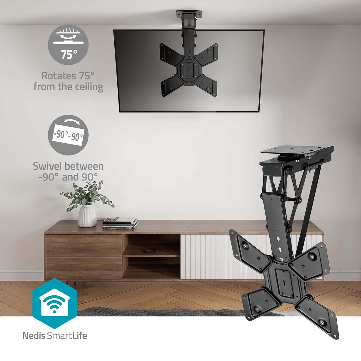 Un supporto TV da soffitto con rotazione di 75° e inclinazione di 90°.