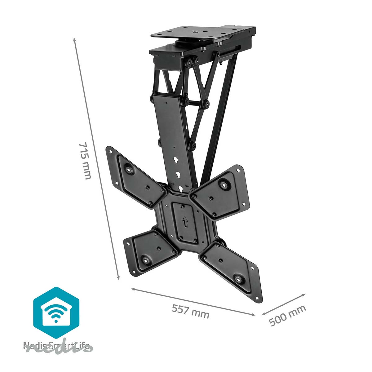 Supporto TV da soffitto nero, dimensioni 715 mm (A), 557 mm (L), 500 mm (P).