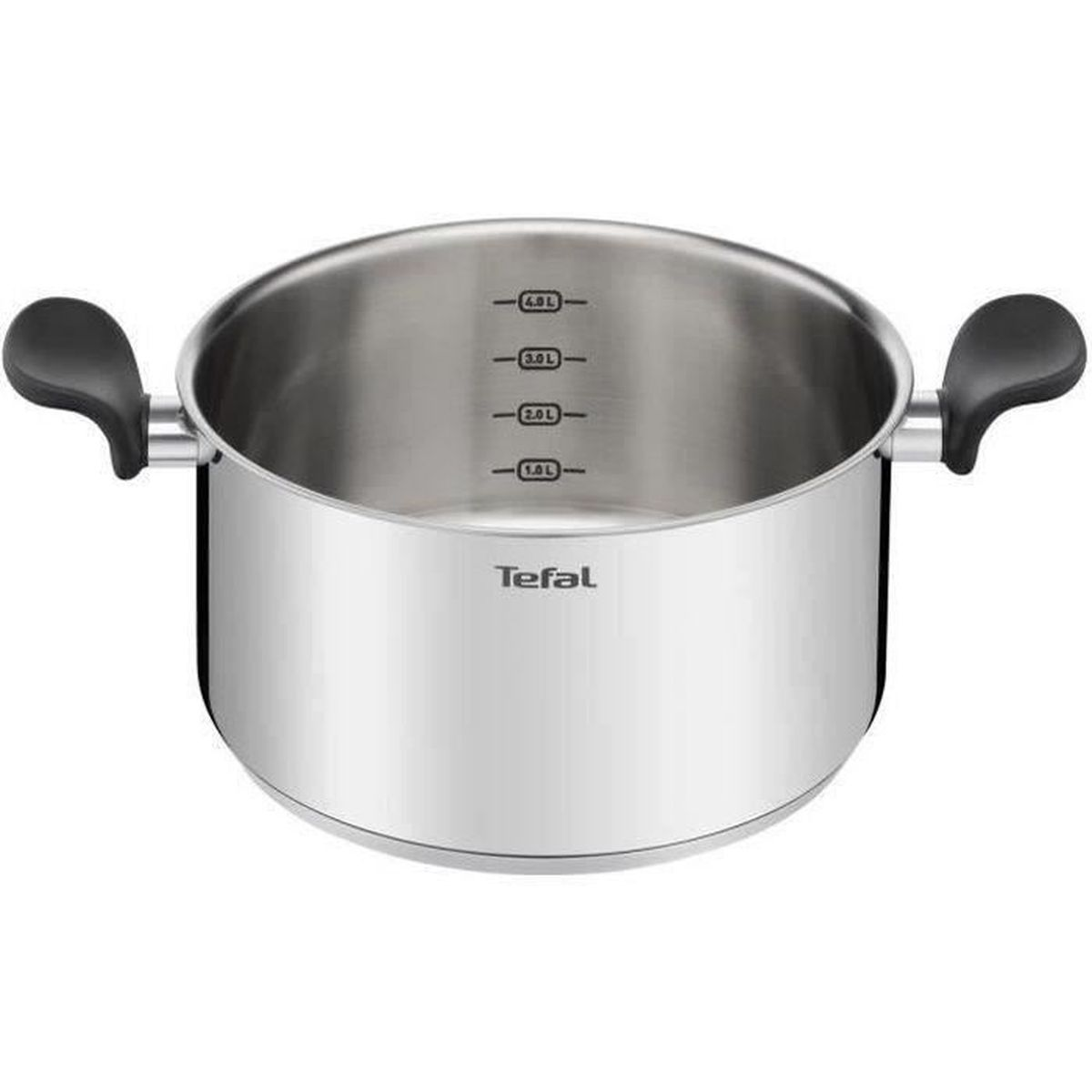 Edelstahltopf mit schwarzen Griffen. Es hat Messmarkierungen auf der Innenseite und ein Tefal-Logo.